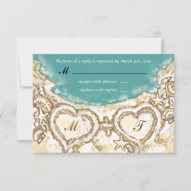 Monogram Hearts on the Beach Wedding RSVP Card (Vorderseite)