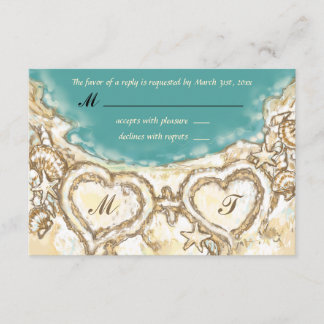 Monogram Hearts on the Beach Wedding RSVP Card Karte