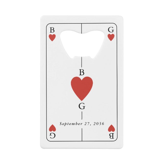Monogram Hearts Playing Card Wedding Bar Bottle Geldbeutel Flaschenöffner (Vorderseite)