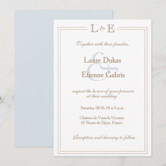 Monogram, hellblaue Ampere und moderne Hochzeit Einladung (Vorne/Hinten)