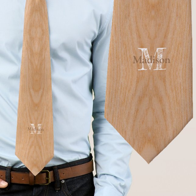 Monogram, hellbraun krawatte (Light brown wood grain Monogram Neck Tie. Personalize with your custom initial and name. )