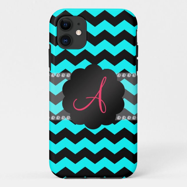 Monogram, helle Aqua und schwarze Chevronen Case-Mate iPhone Hülle (Rückseite)