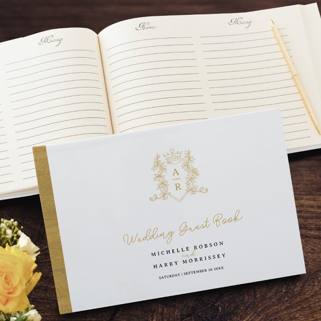 Monogram Herz Wappen handgezeichnete weiße Hochzei Gästebuch (Von Creator hochgeladen)