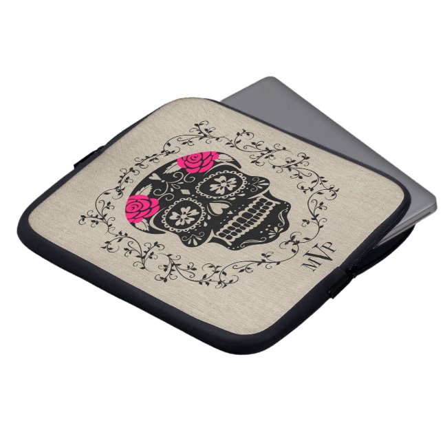 Monogram Hipster Black & Pink Sugar Skull Burlap Laptopschutzhülle (Vorne Oben)