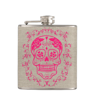 Monogram Hipster Hot Pink Sugar Skull auf Burlap Flachmann