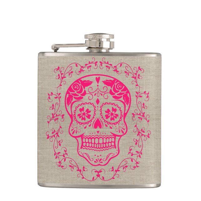 Monogram Hipster Hot Pink Sugar Skull auf Burlap Flachmann (Vorderseite)