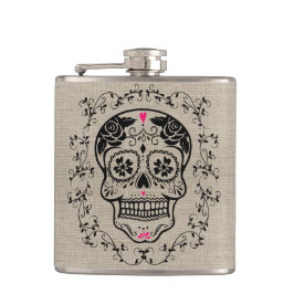 Monogram Hipster Sugar Skull auf Burlap Flachmann