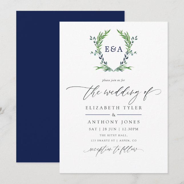 Monogram-Hochzeit für Navy Blue und White Laurel W Einladung (Vorne/Hinten)