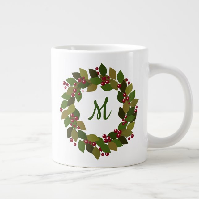 Monogram Holiday Wreath | Beeren und Blätter Jumbo-Tasse (Rechts)