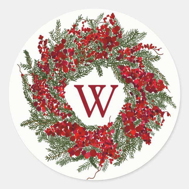 Monogram Holiday Wreath Weihnachtskleber Runder Aufkleber (Vorderseite)