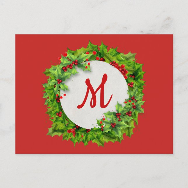 Monogram Holly Berry Wreath Feiertagspostkarte (Vorderseite)