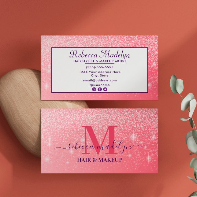 Monogram Holographic Signature Script Pink Glitzer Visitenkarte (Von Creator hochgeladen)