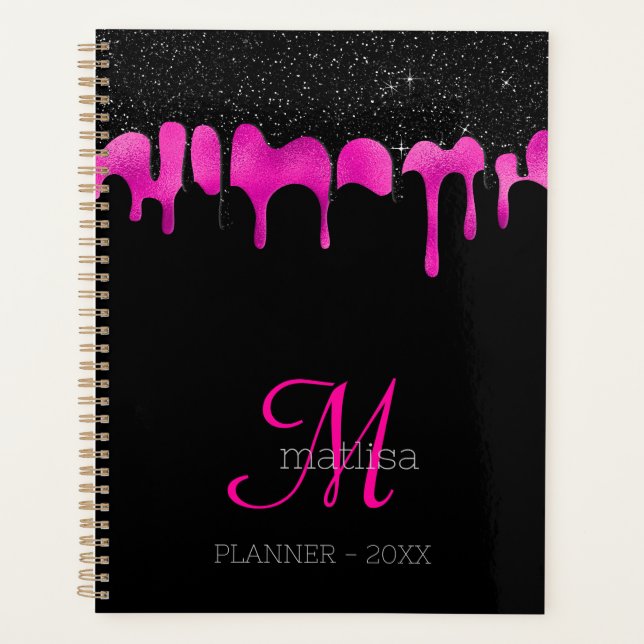 Monogram Hot Pink & Black Driving Glitzer Glam Planer (Vorderseite)