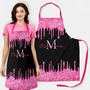Monogram Hot Pink Dripping Glitter and Black Name Schürze
