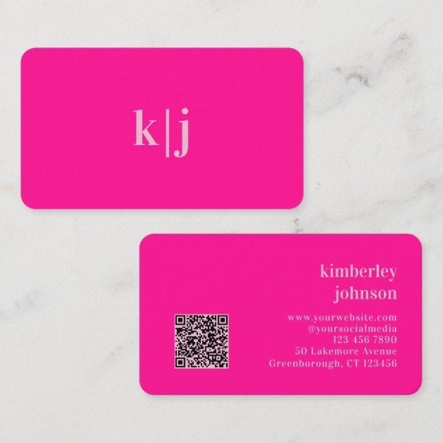 Monogram Hot Pink Einfacher Moderner QR-Code Visitenkarte (Vorne/Hinten)