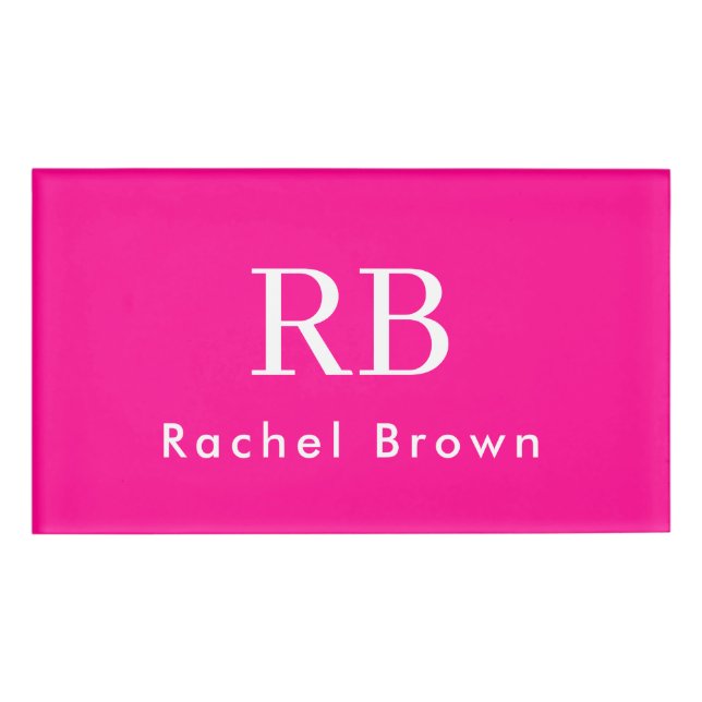 Monogram Hot Pink Elegant Feminine Minimalistisch Namenschild (Vorderseite)