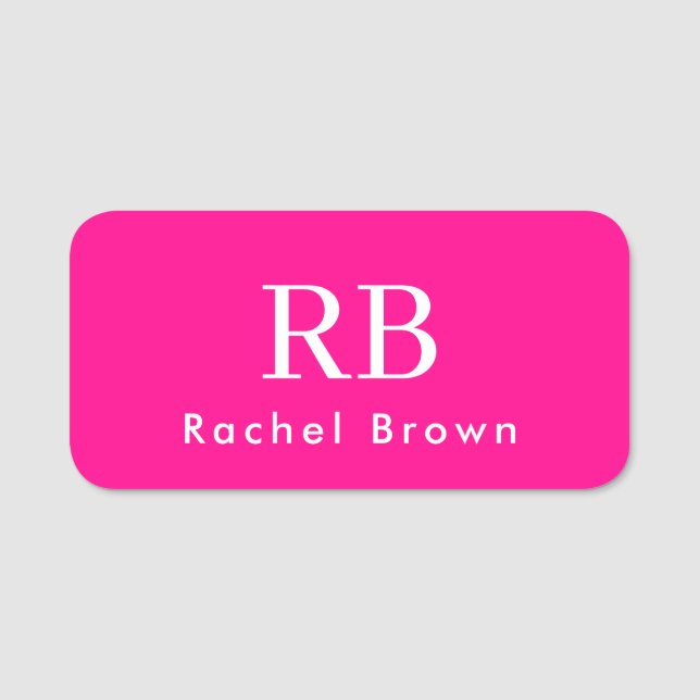 Monogram Hot Pink Elegant Feminine Minimalistisch Namensschild (Vorderseite)