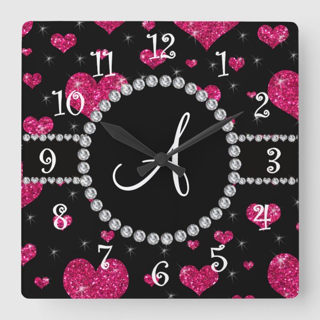 Monogram Hot-Pink-Glitzer-Herzen Schwarze Diamante Quadratische Wanduhr (Vorderseite)