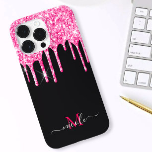 Monogram Hot Pink Glitzer Tropfen + Black iPhone C Case-Mate iPhone 14 Pro Max Hülle