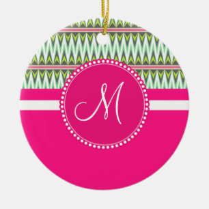 Monogram Hot Pink Green Azdes Tribal Zig Zag Keramikornament
