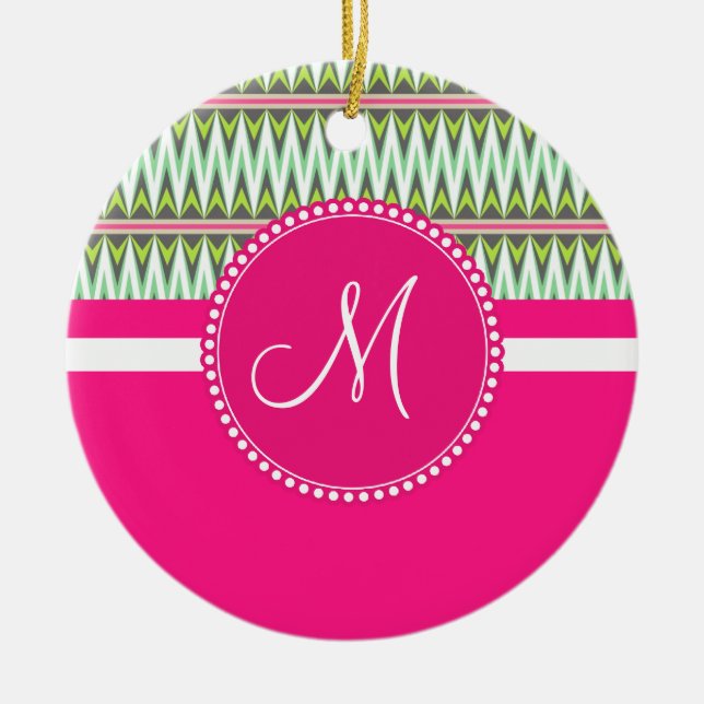Monogram Hot Pink Green Azdes Tribal Zig Zag Keramikornament (Vorne)