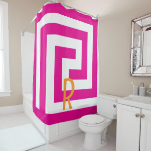 Monogram, Hot Pink Orange, weiße Muster mit griech Duschvorhang