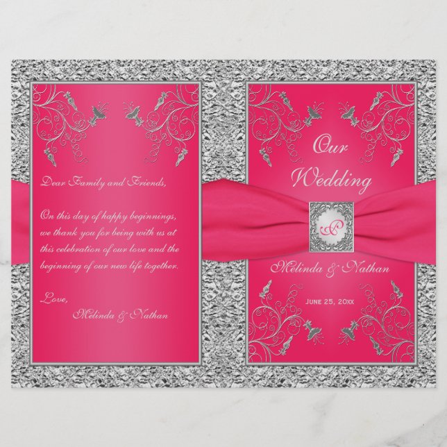 Monogram Hot Pink, Silver Floral Wedding Program (Vorderseite)