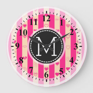 Monogram Hot Pink Stripes Modernes Herzmuster Große Wanduhr