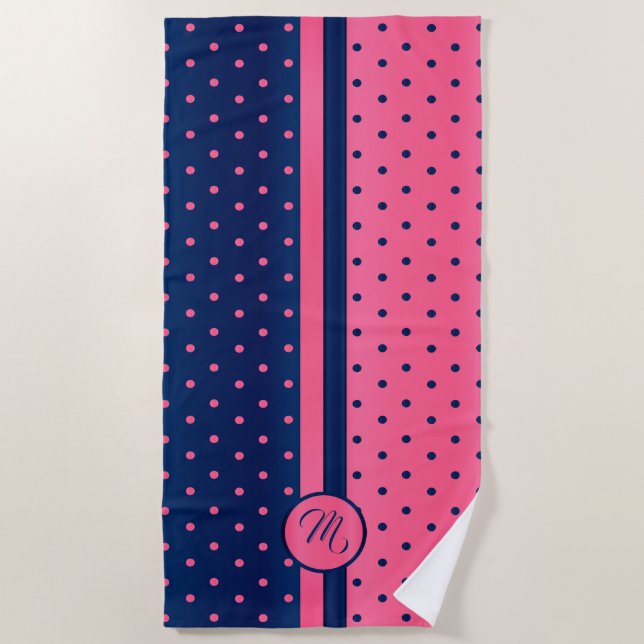 Monogram Hot Pink und Navy Polka Dot Muster Strandtuch (Vorderseite)