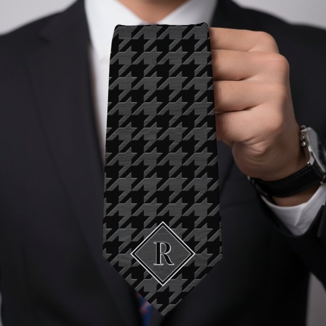 Monogram Houndstooth Pattern Black & Grey Wood Krawatte (Monogram Houndstooth Pattern Black & Grey Wood Neck Tie
)