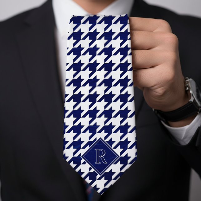 Monogram Houndstooth Pattern White & Blue Wood Krawatte (Monogram Houndstooth Pattern White & Blue Wood Neck Tie
)
