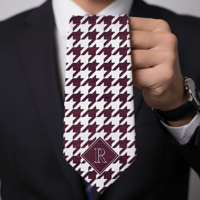 Monogram Houndstooth Pattern White & Burgundy Wood Krawatte (Monogram Houndstooth Pattern White & Burgundy Wood Neck Tie
)
