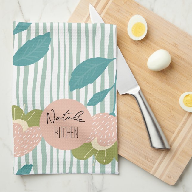 Monogram hübsch stylish Script Retro floralblau Geschirrtuch (Viertel Falte)