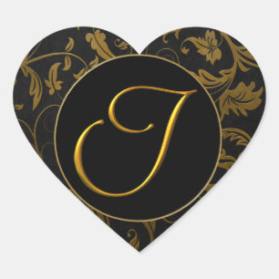 Monogram I Gold and Black Damask Wedding Siegel Herz-Aufkleber