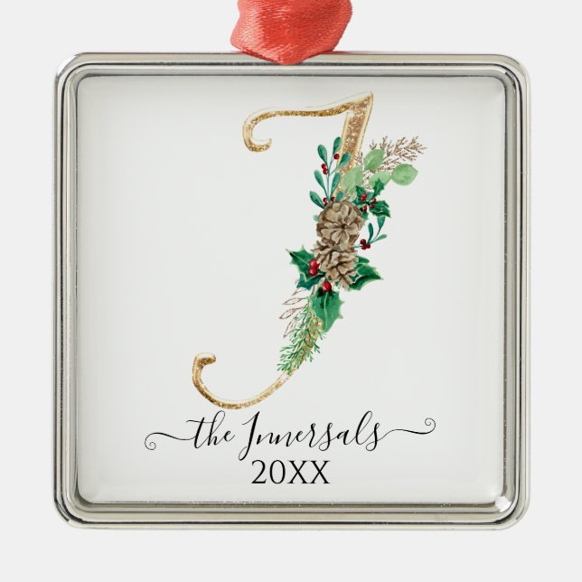 Monogram I Gold Glitzer Pine Cone Holly Christmas Ornament Aus Metall (Vorne)