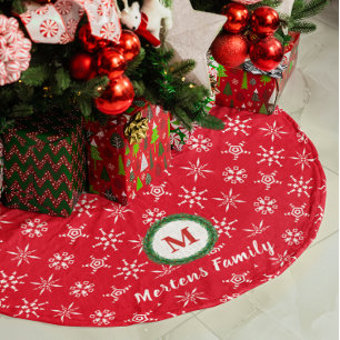 Monogram, Ihr Name Rot und Weiß Schneeflocken Polyester Weihnachtsbaumdecke