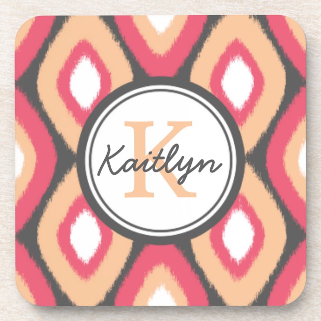 Monogram Ikat Diamonds Pattern Pink Grau Untersetzer (Vorderseite)