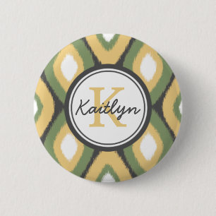 Monogram Ikat Diamonds Pattern Sage Gelb Button