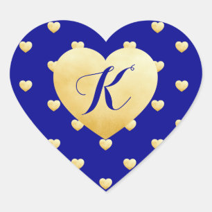 Monogram Imitate Foil Gold Hearts Muster auf Blue Herz-Aufkleber