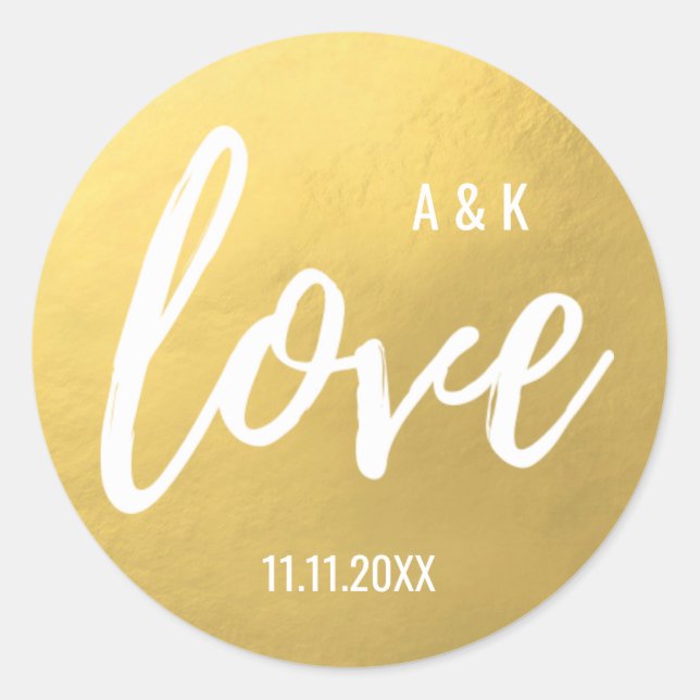 Monogram Imitate Gold Foil LIEBE Script Black Wedd Runder Aufkleber (Vorderseite)