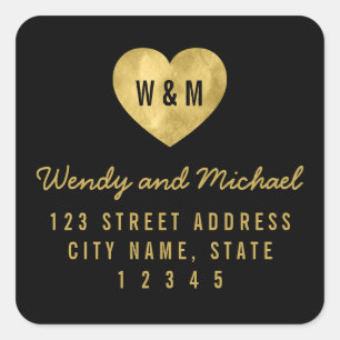 Monogram Imitate Gold Heart Wedding Rücksendeadres Quadratischer Aufkleber