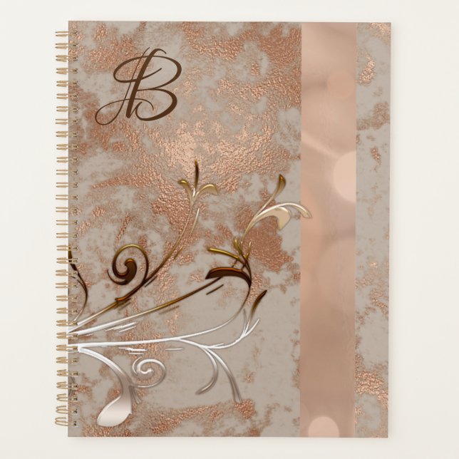 Monogram Imitate Rose Gold Floral Swirl Planner Planer (Vorderseite)
