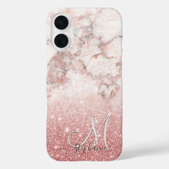 Monogram Imitate Rose Gold Glitzer Weißes Marmor O Case-Mate iPhone Hülle (Rückseite)