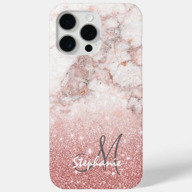 Monogram Imitate Rose Gold Glitzer Weißes Marmor O Case-Mate iPhone Hülle (Rückseite)