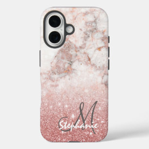 Monogram Imitate Rose Gold Glitzer Weißes Marmor O iPhone 16 Hülle