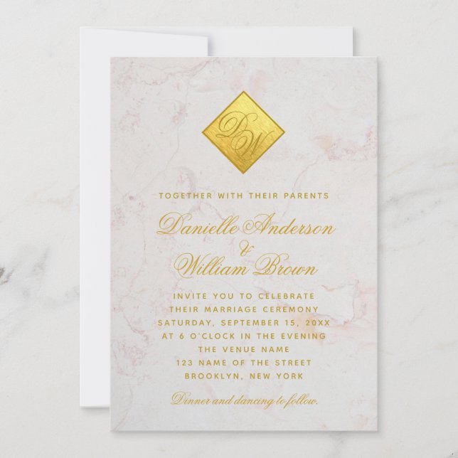 Monogram Imitats Gold Foil Marble Script Hochzeit Einladung (Vorderseite)