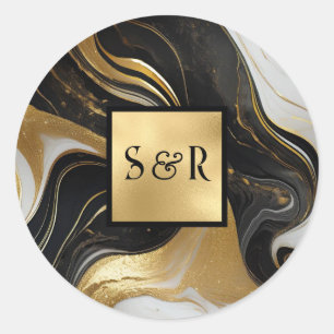 Monogram Imitats Gold, Schwarz-weiße Marmorhochzei Runder Aufkleber