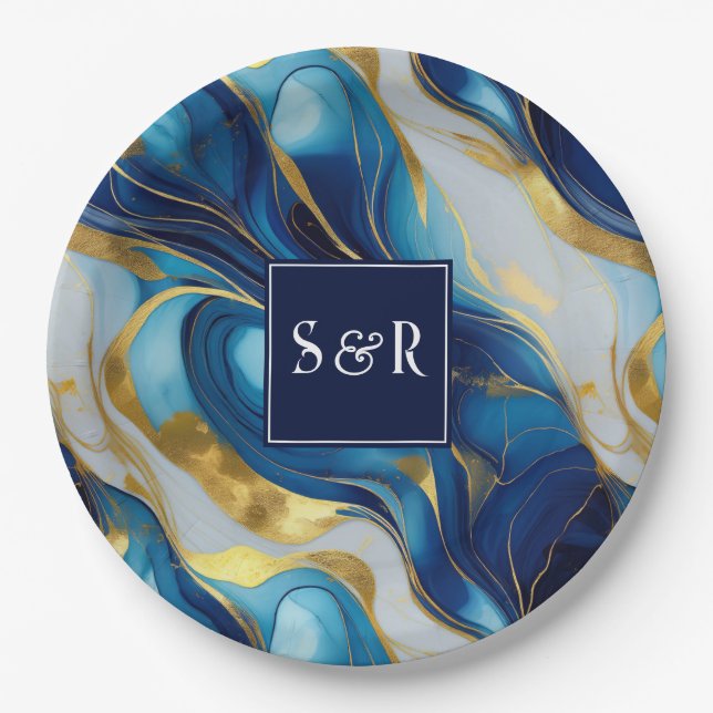 Monogram Imitats Hochzeit Gold, Blau und Weiß Pappteller (Vorderseite)