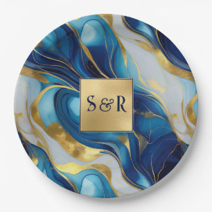 Monogram Imitats Hochzeit Gold, Blau und Weiß Pappteller
