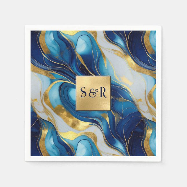 Monogram Imitats Hochzeit Gold, Blau und Weiß Serviette (Vorderseite)